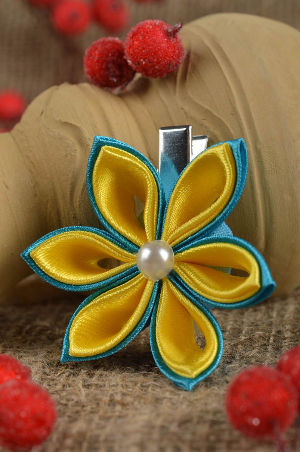 Stylish handmade textile flower barrette hair clip accessories for girls photo 1