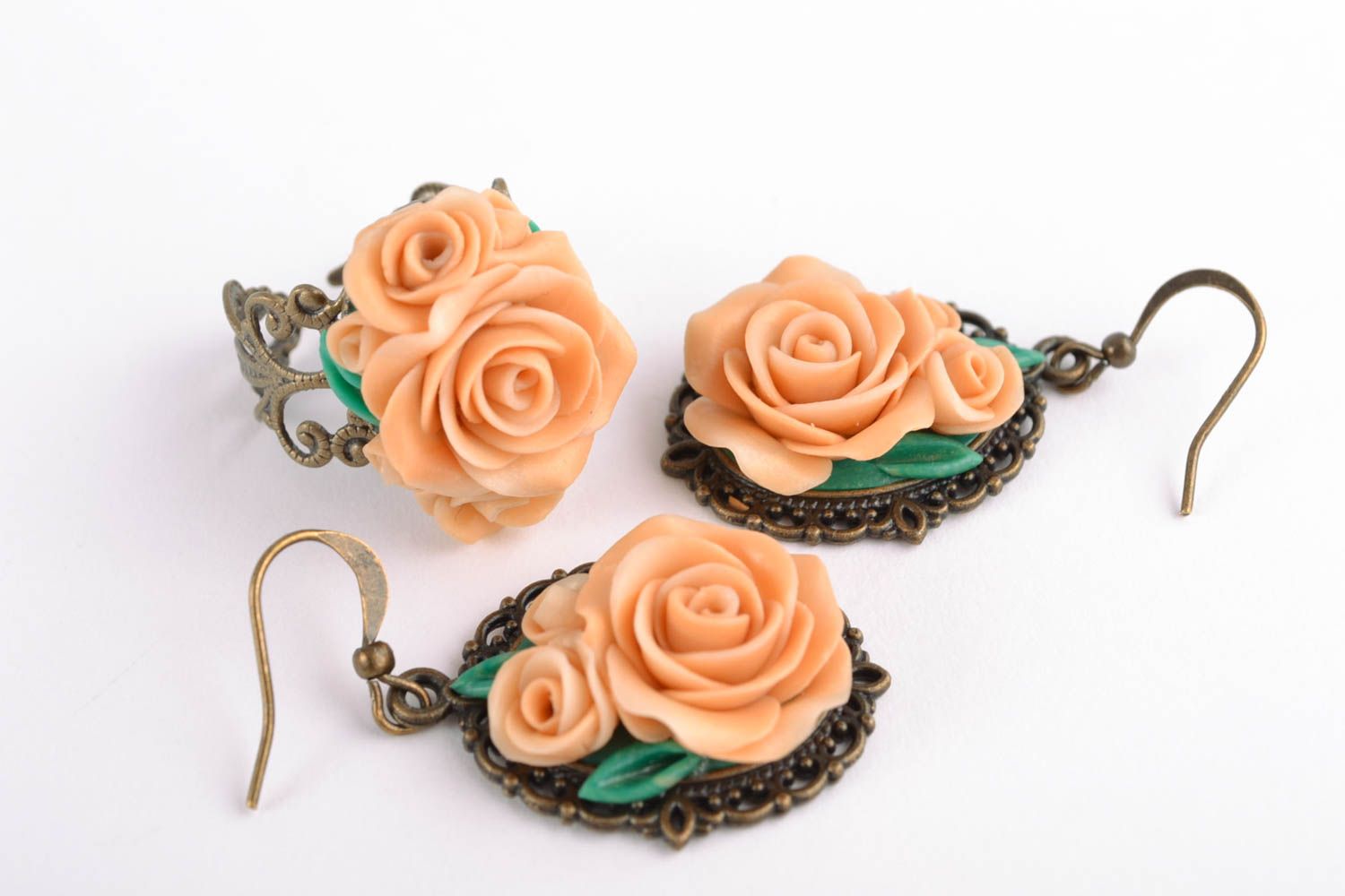 Earrings and ring polymer clay jewelry set in vintage style  photo 5