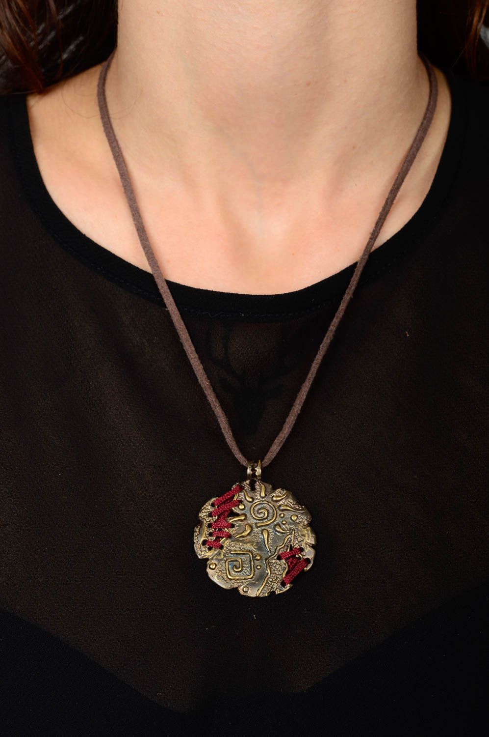 Handmade bronze cute pendant unusual beautiful pendant accessory on lace photo 2
