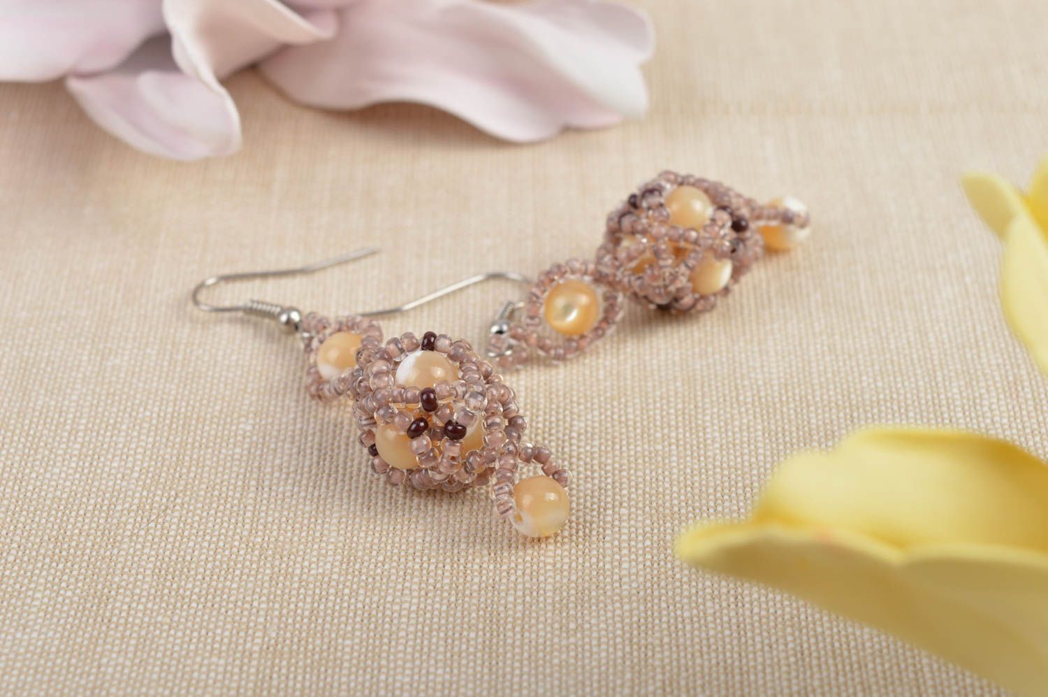 Designer seed beaded earrings with pearl finish handmade unique bijouterie photo 1