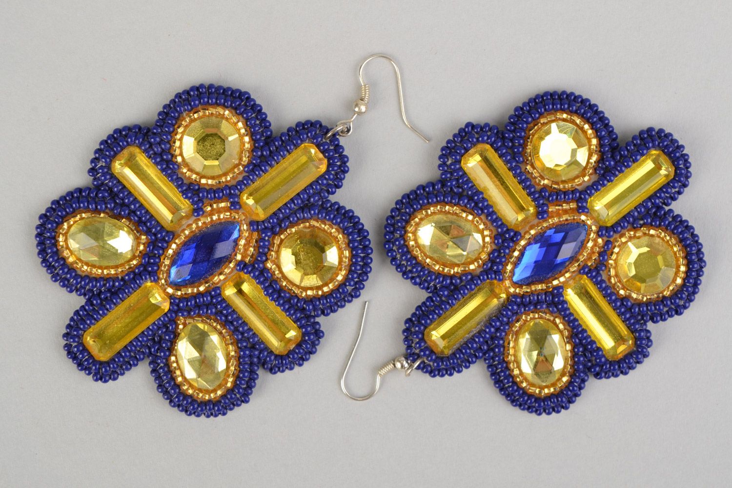 Handmade bright beaded blue and golden floral earrings with cabochons photo 3