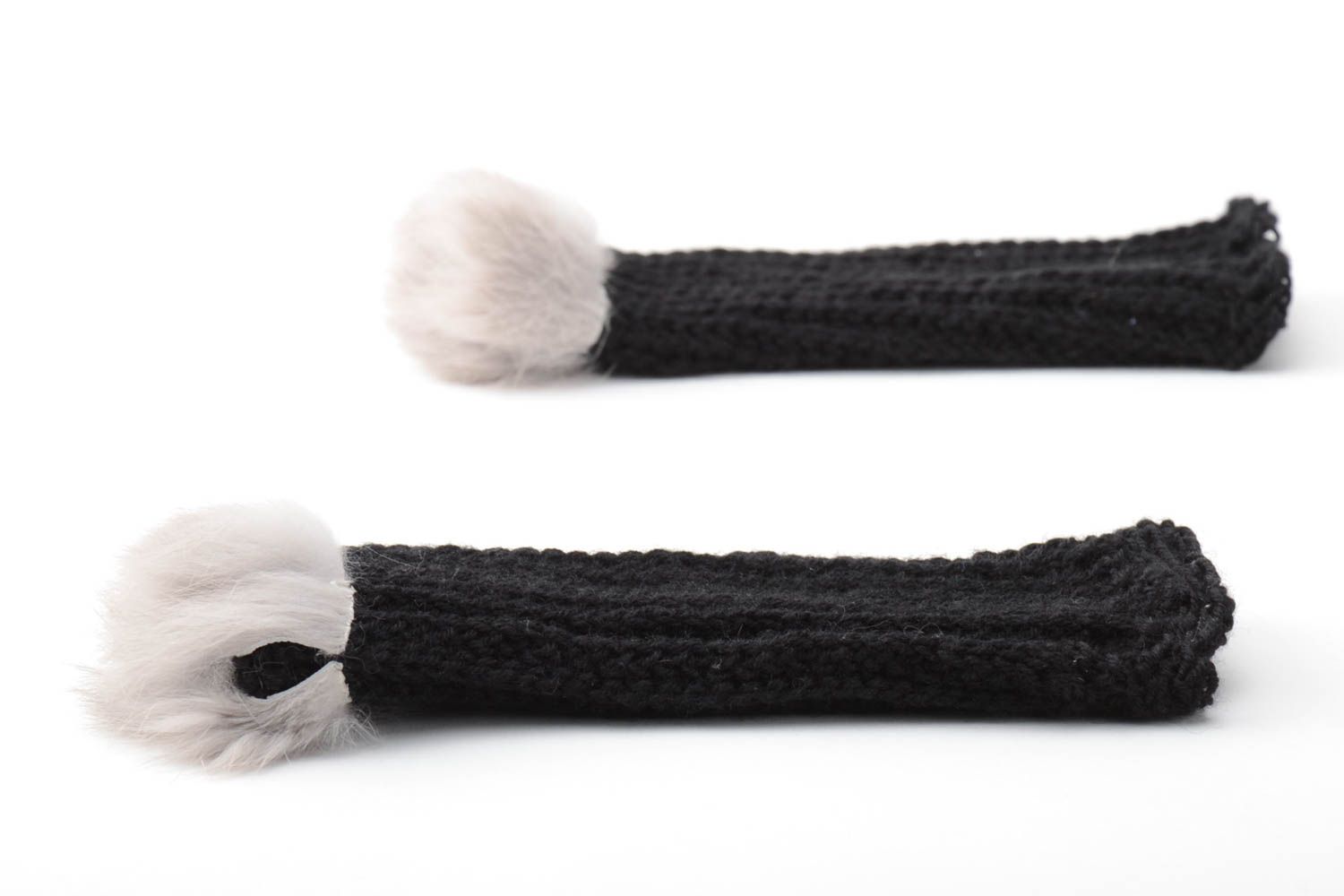 Вязаные митенки крючки с мехом кролика черные женские стильные ручной работы фото 5