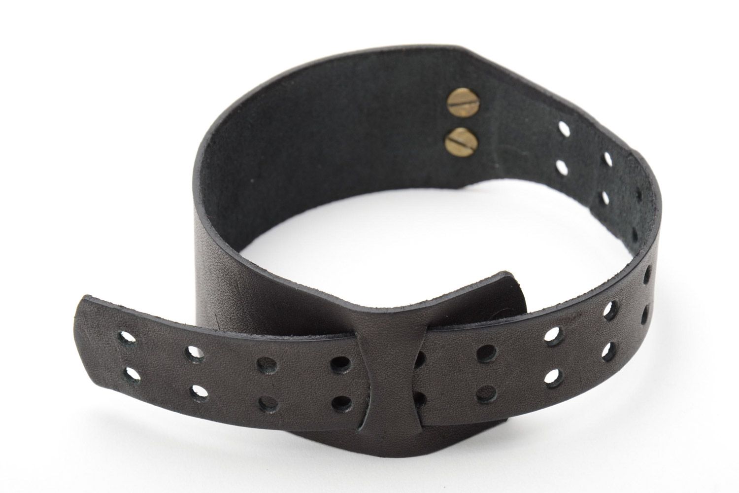 Unisex handmade black genuine leather wide bracelet photo 5