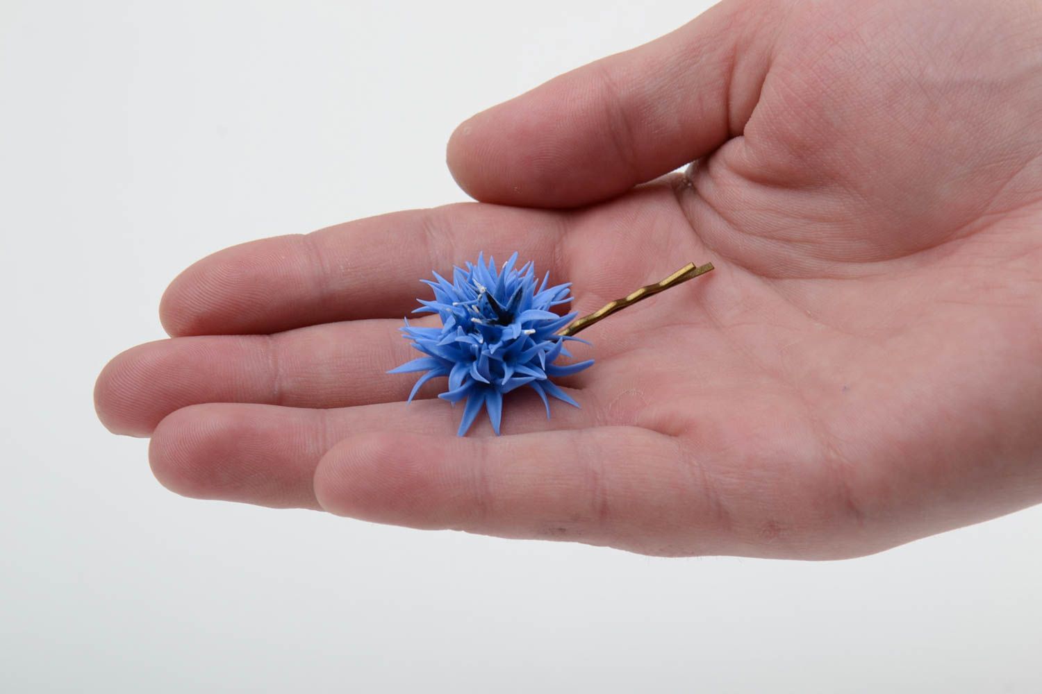 Handmade decorative metal hair pin with cold porcelain volume blue cornflower photo 2