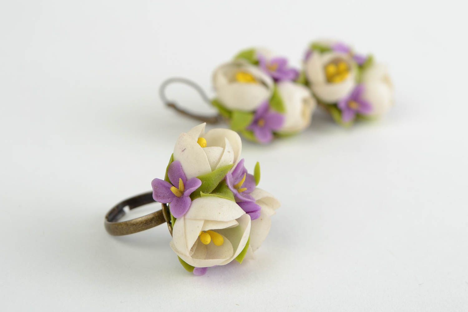 Earrings and a ring made of cold porcelain with white flowers handmade set photo 3