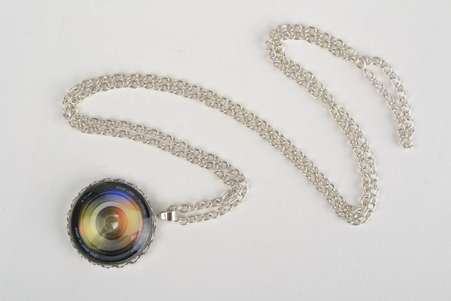 Beautiful handmade designer glass neck pendant on chain with the image of lens photo 3