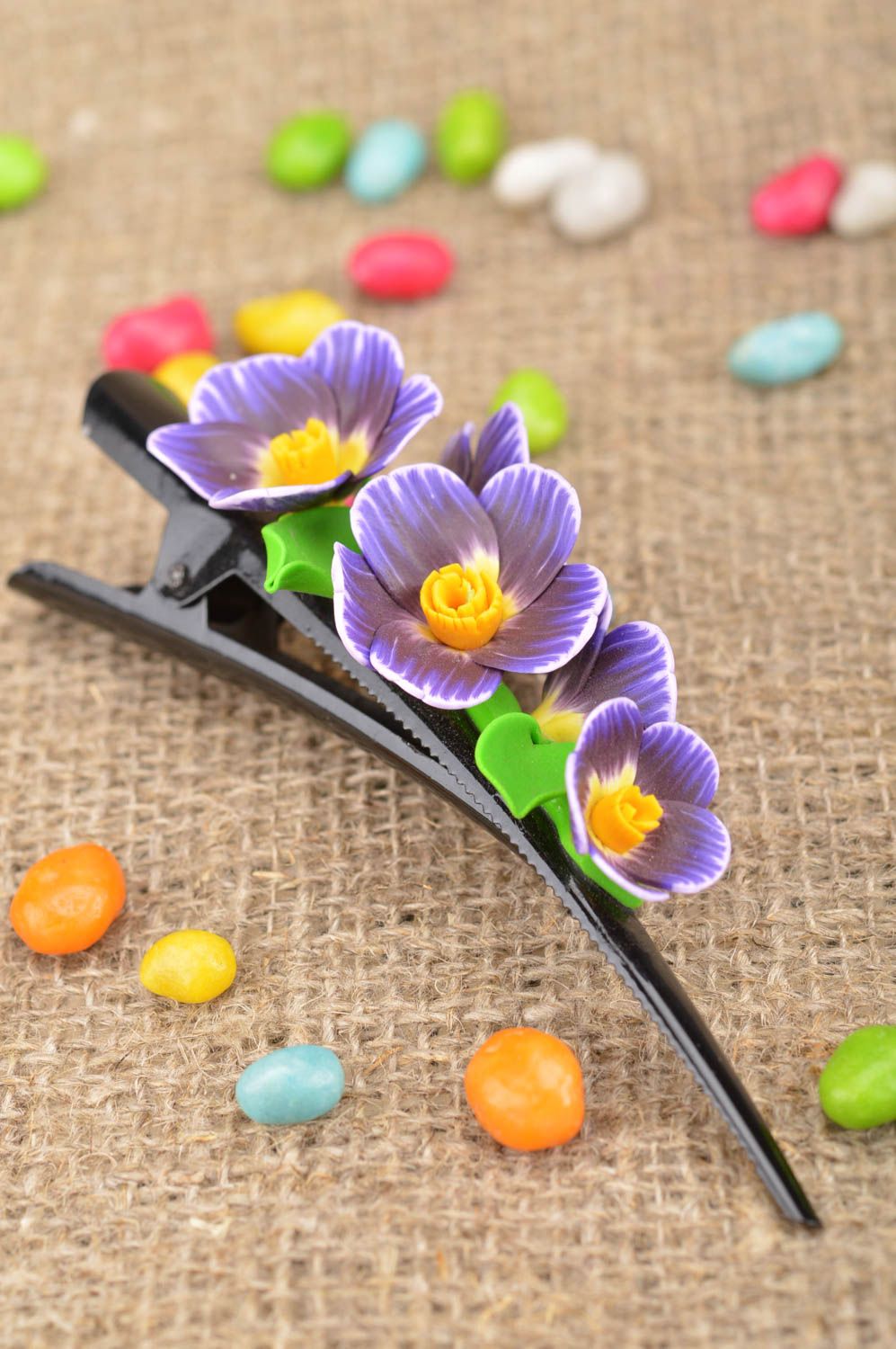 Handmade stylish hair clips made of polymer clay set with violet flowers photo 1