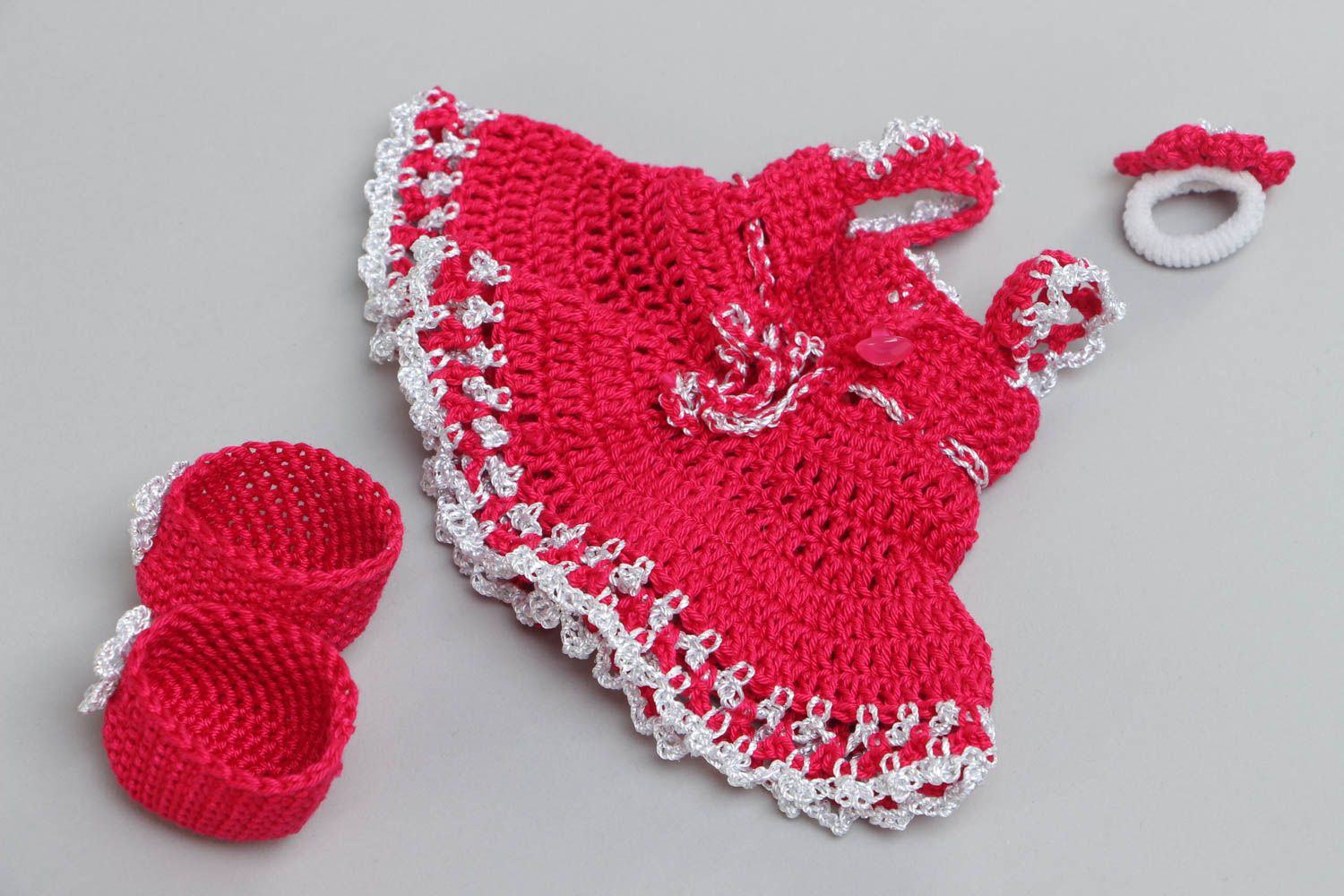 Beautiful handmade crochet doll clothes 3 pieces slippers dress and hair tie photo 4