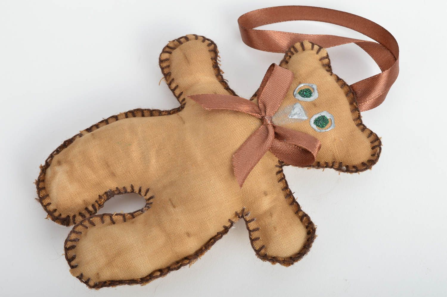 Handmade decorative fabric wall hanging soft toy brown bear with satin ribbon photo 4