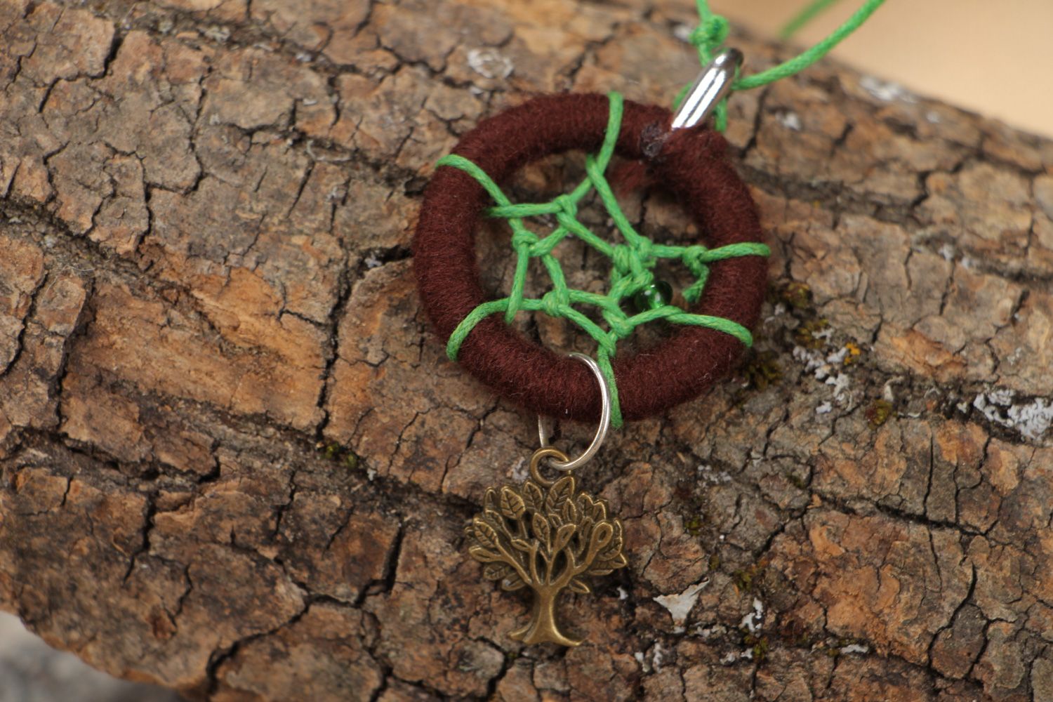 Handmade dreamcatcher pendant necklace of brown and green colors for women photo 1