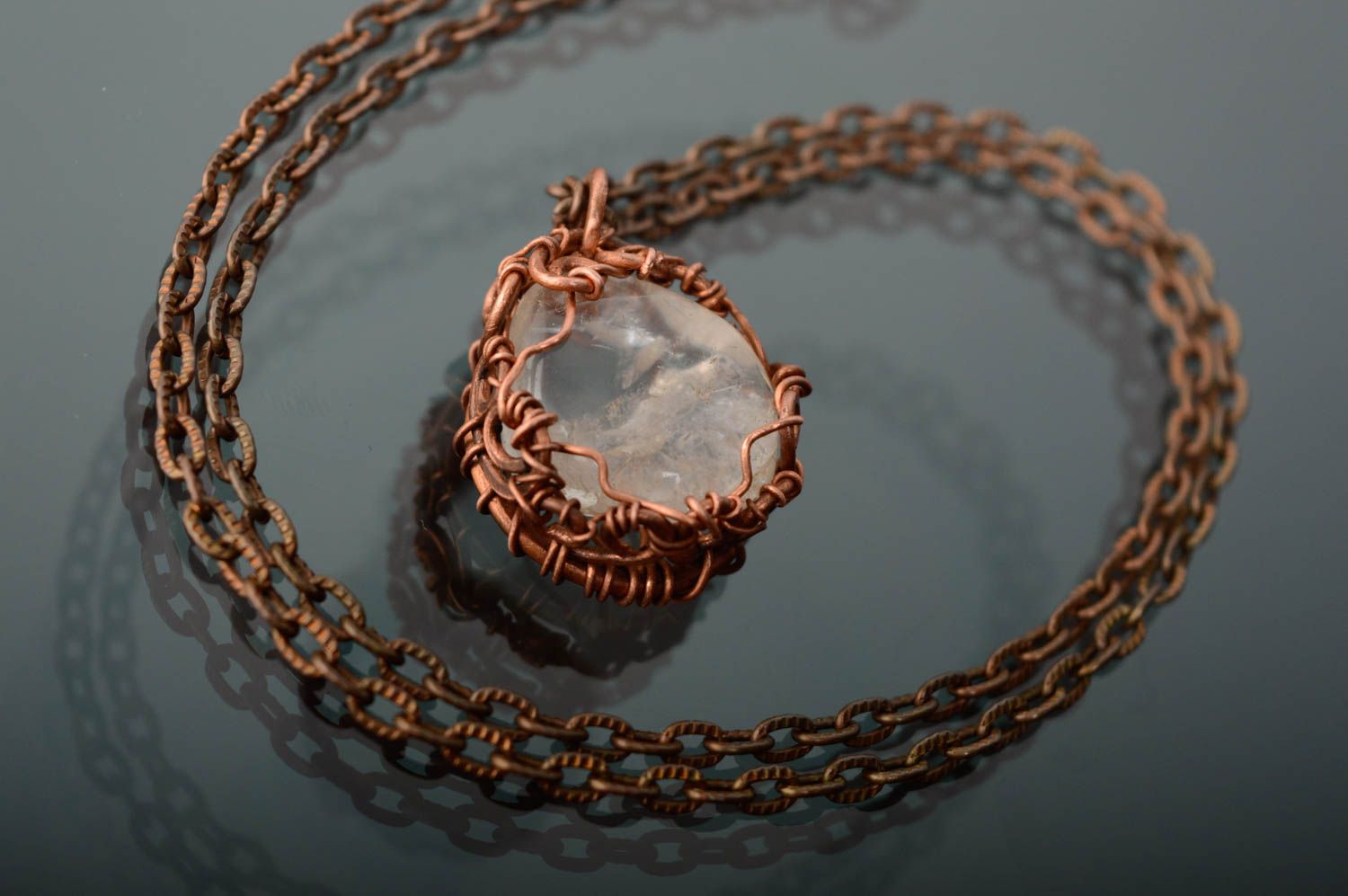 Copper wire wrap pendant with rock crystal photo 1