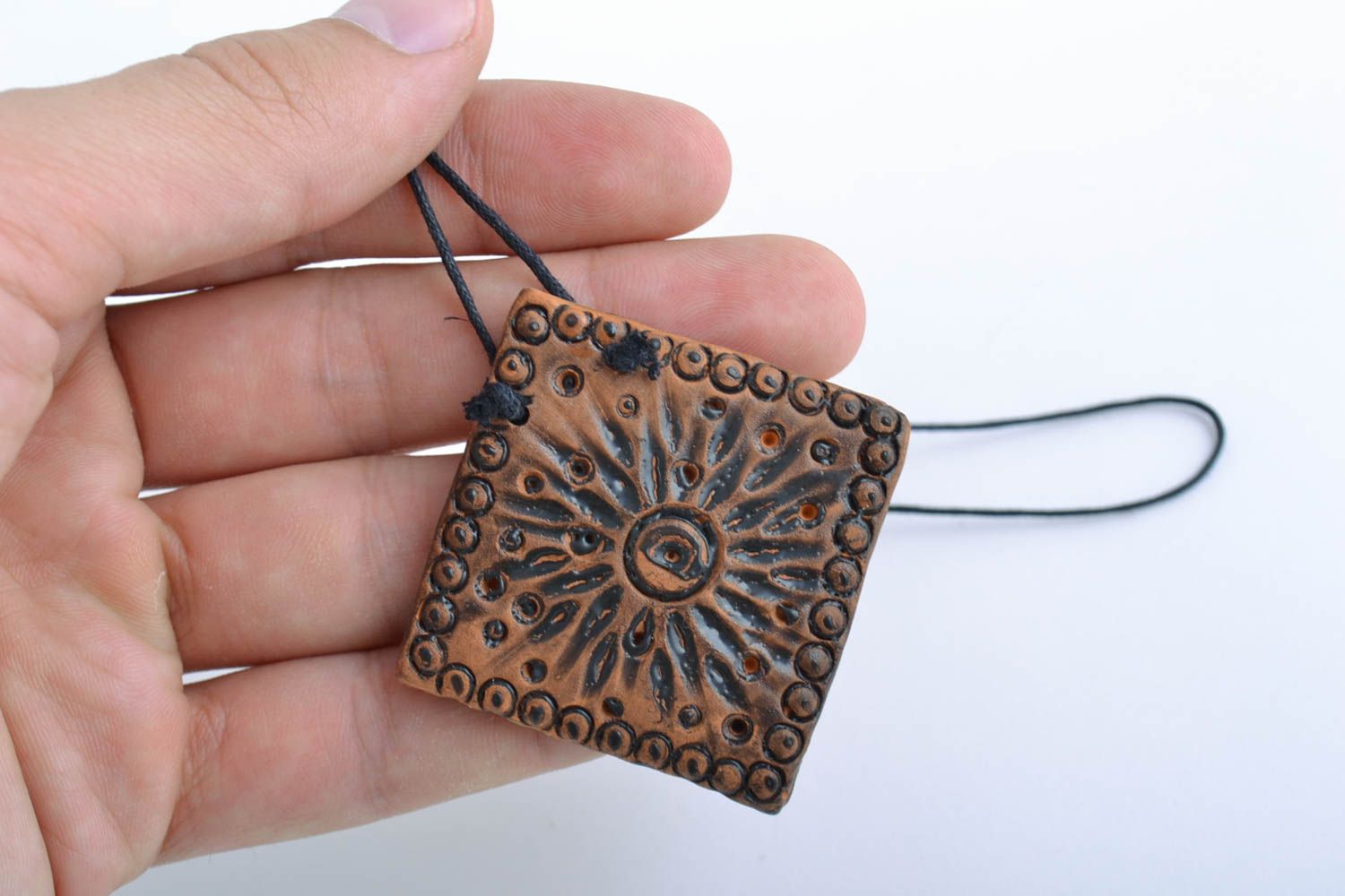 Handmade decorative red clay pendant with pattern for girls stylish accessory photo 2