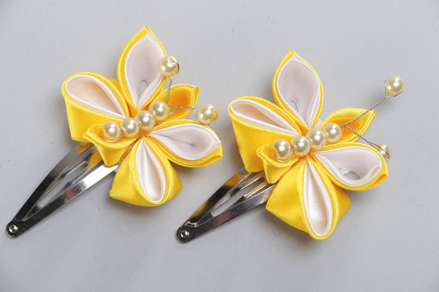 Bright handmade hair clip with satin ribbon butterflies and beads photo 2