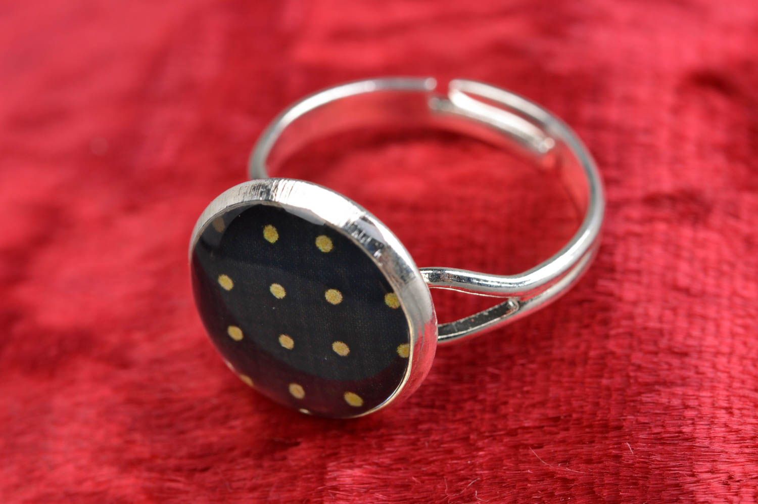 Stylish handmade designer decoupage ring coated with epoxy Black with Yellow Dots photo 1