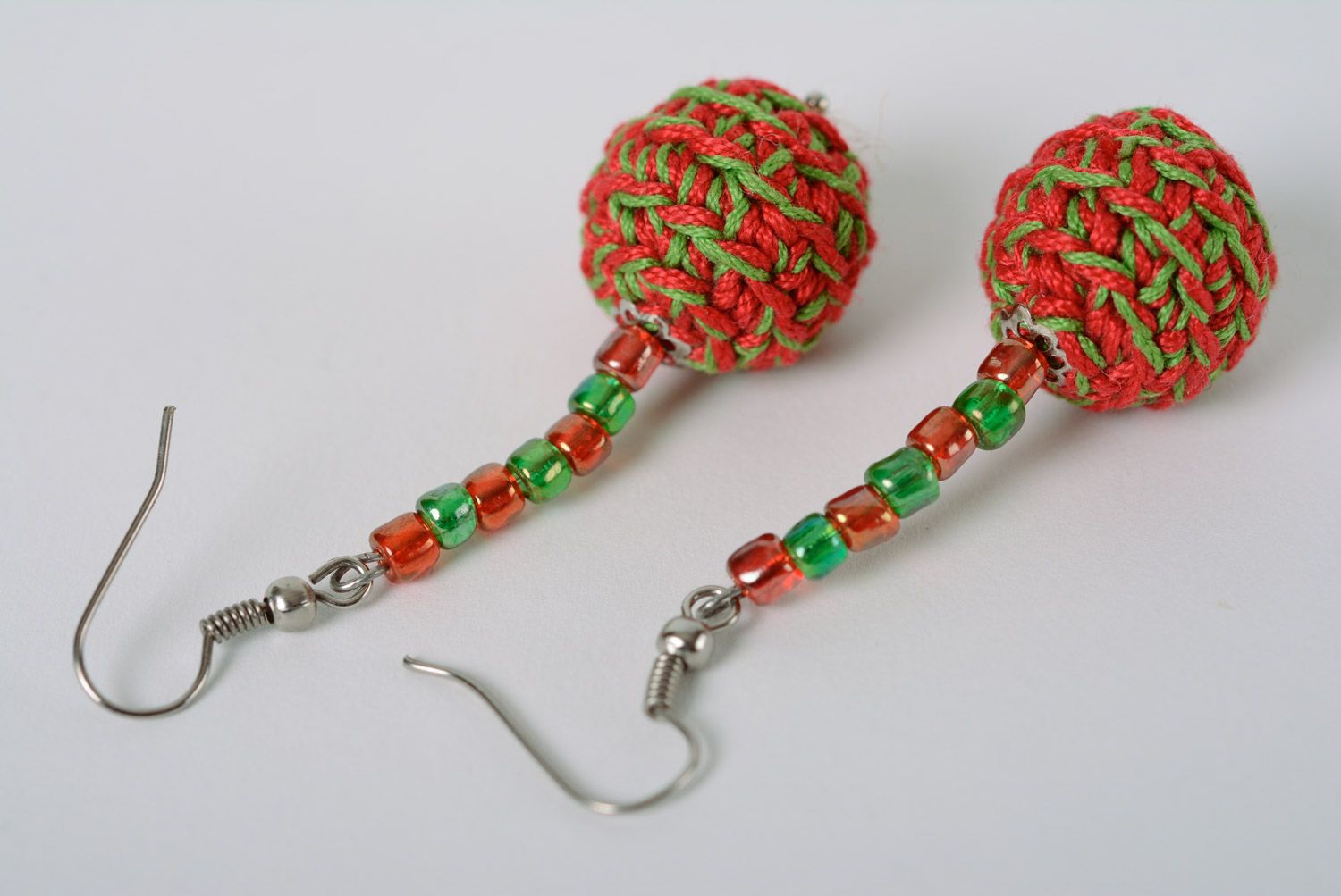 Colorful handmade dangle earrings with beads crocheted over with cotton threads photo 3