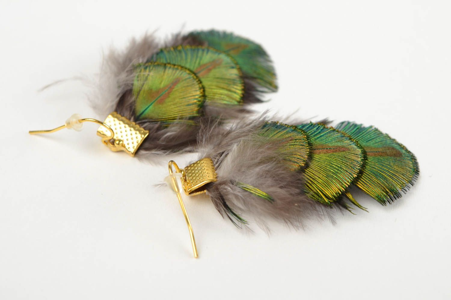 Boucles d'oreilles plumes de paon Bijou fait main vertes longues Cadeau femme photo 5