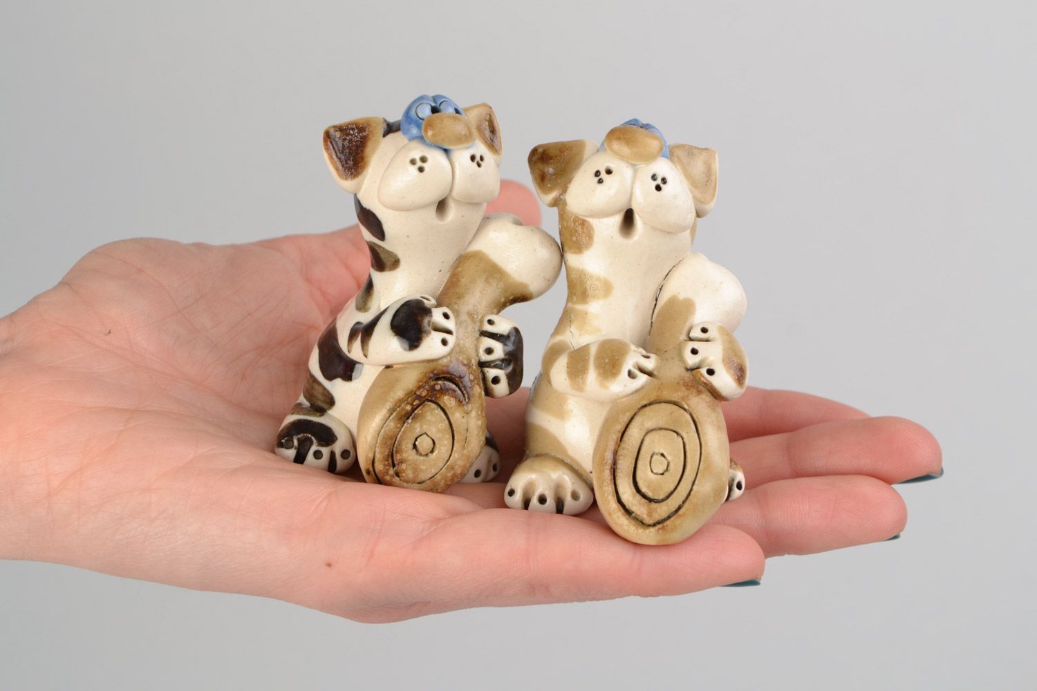 Set of handmade ceramic animal figurines cats 2 pieces of brown color cute statuettes photo 2