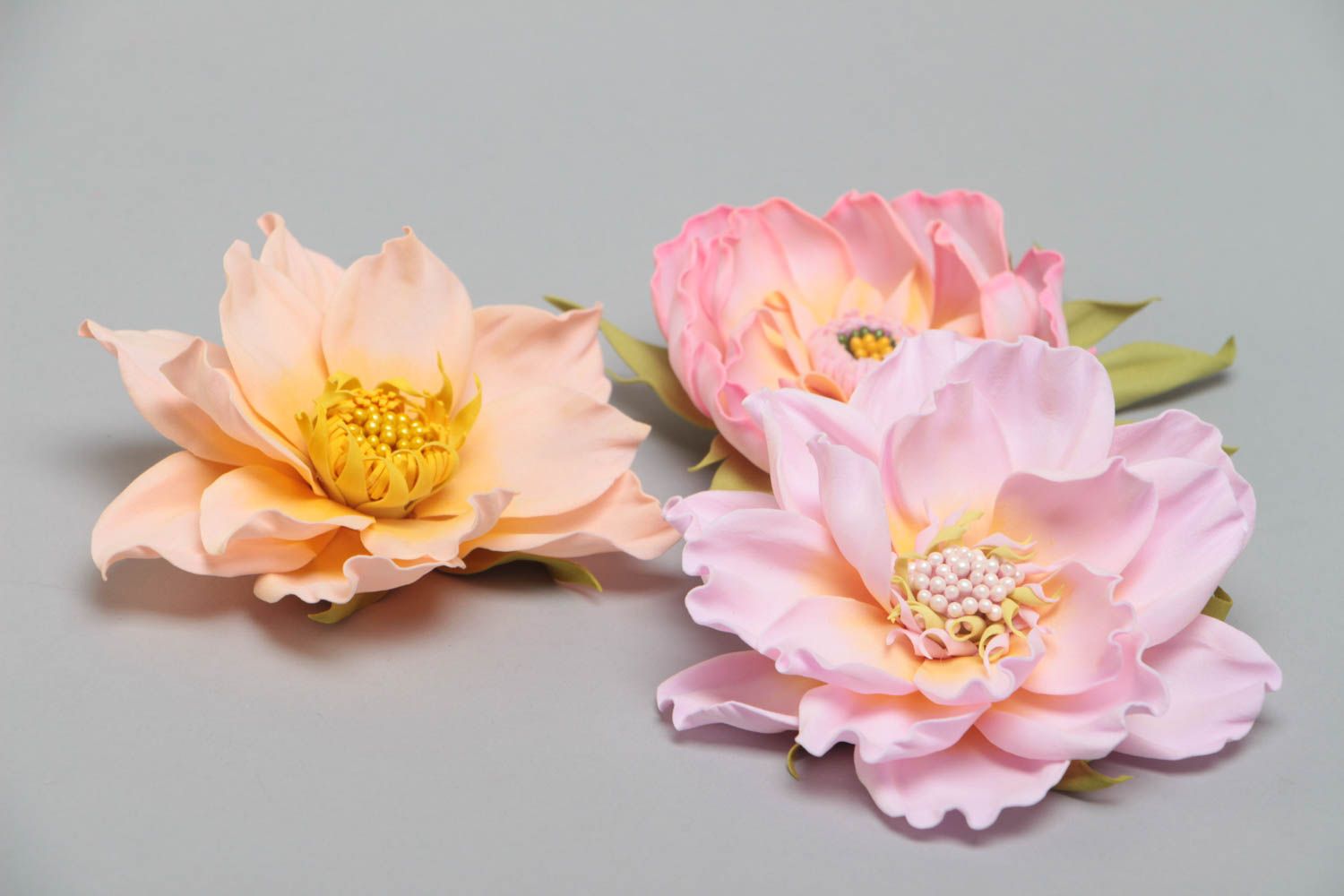 Set of 3 handmade decorative hair clips brooches with tender foamiran flowers photo 3