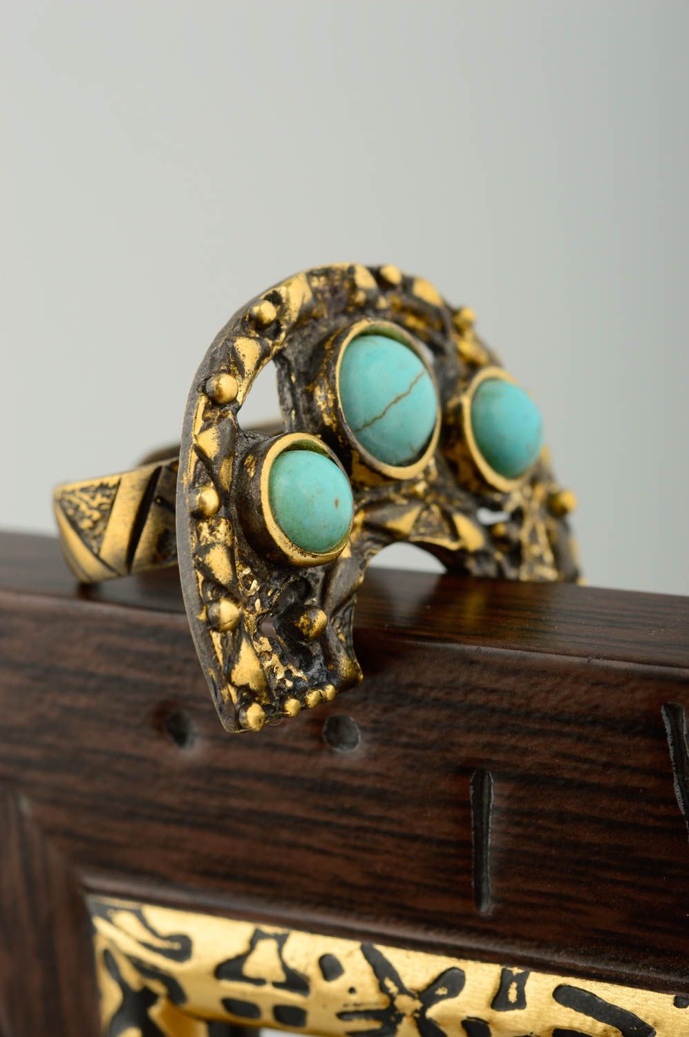 Handmade massive bronze ring jewelry with natural stone beautiful elegant ring photo 1