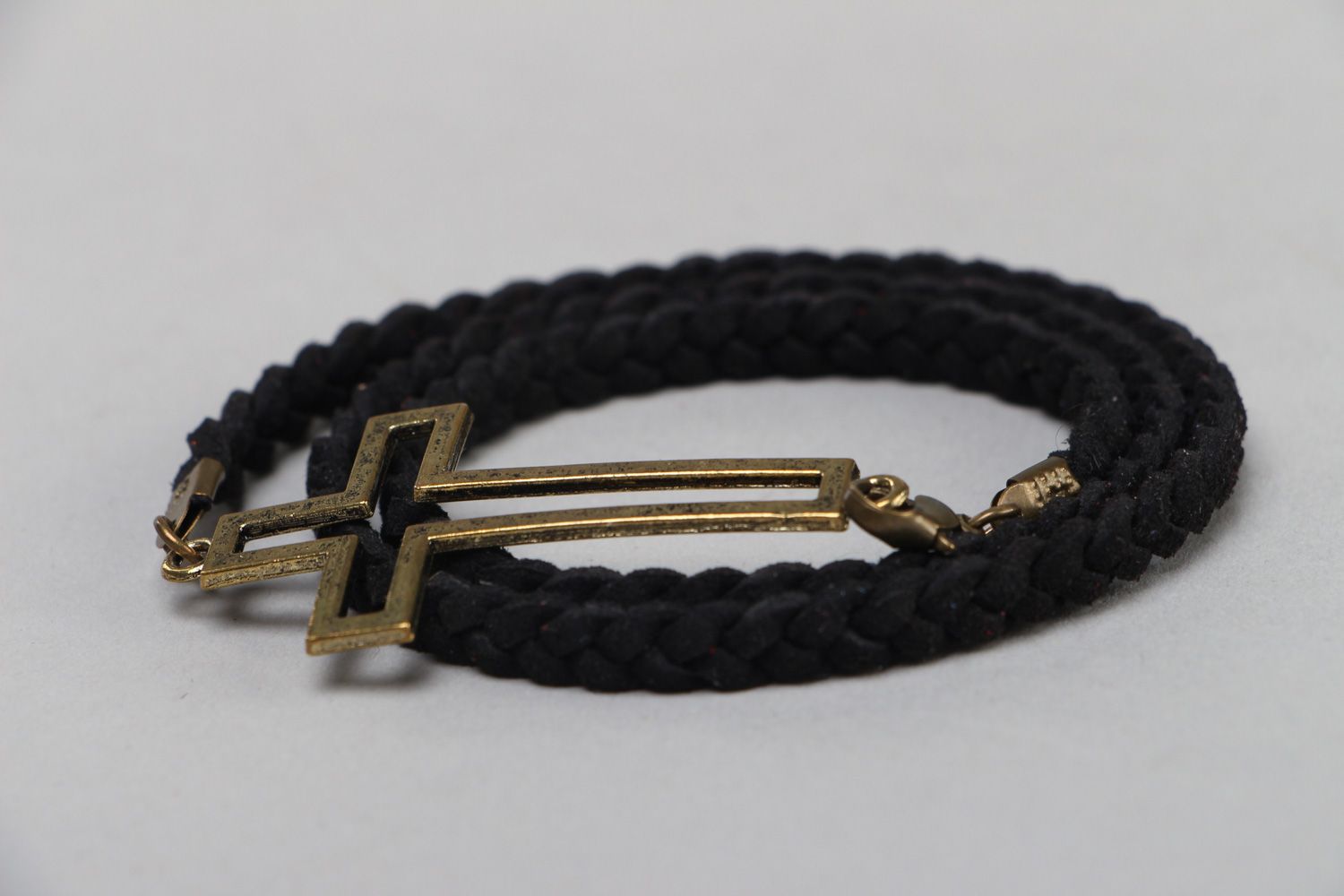 Handmade multi row wrist bracelet woven of black cord with metal cross unisex photo 2