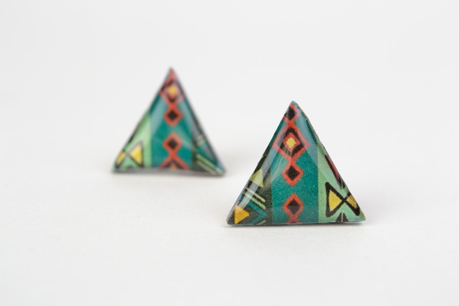 Handmade triangle stud earrings with ethnic print coated with jewelry glaze photo 5