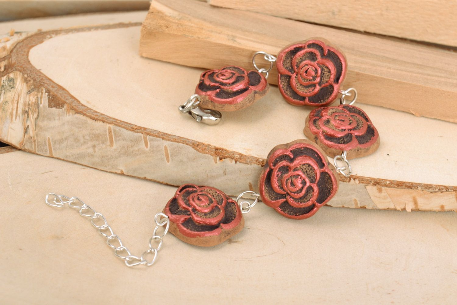 Handmade ethnic wrist bracelet on chain with painted ceramic floral elements photo 1