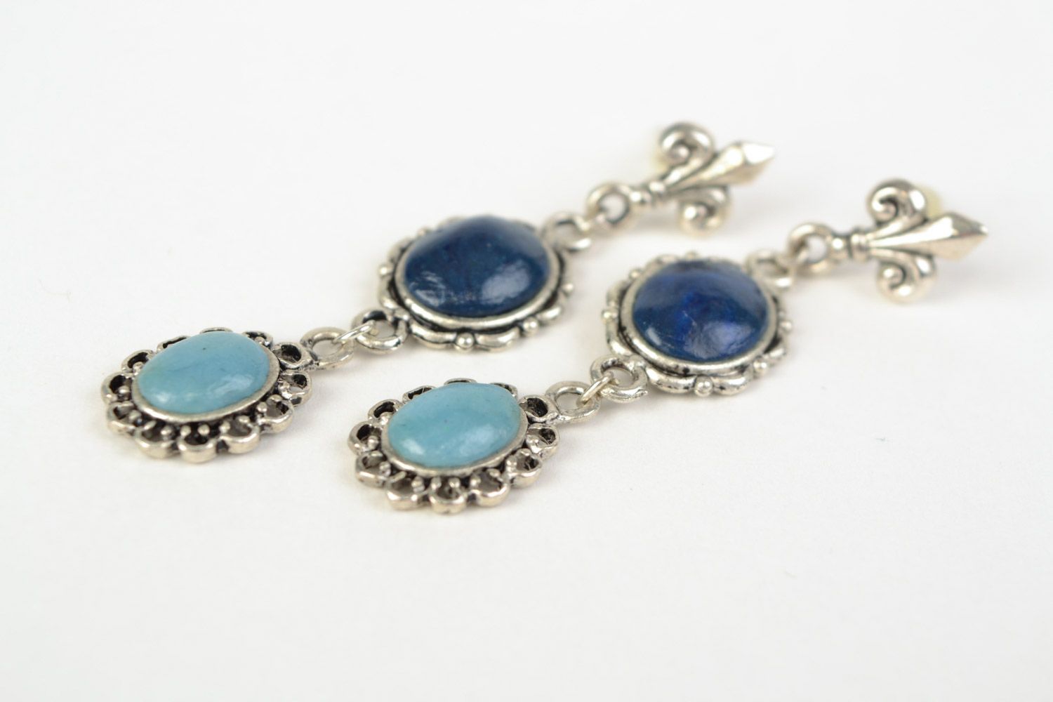Handmade vintage polymer clay dangling earrings with metal basis in blue colors photo 5