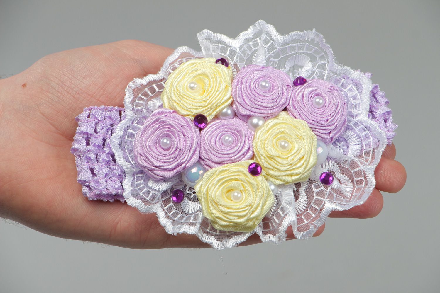 Stylish handmade headband with satin ribbon flowers in tender violet color palette photo 4