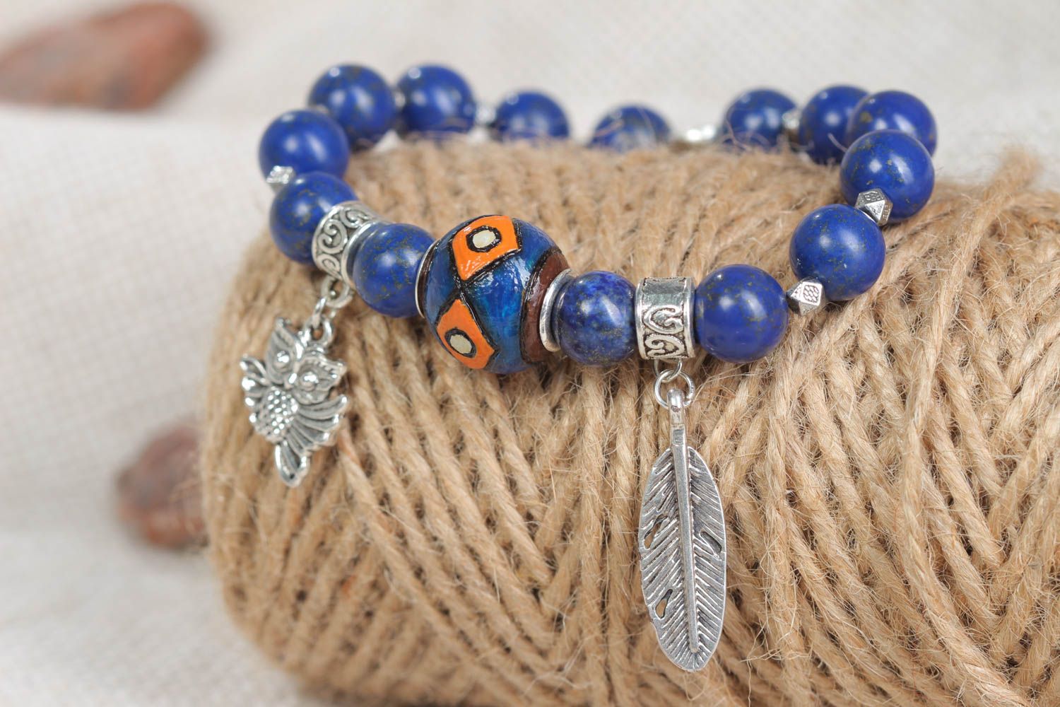 Blue natural stone beads bracelet with owl charms for women photo 1