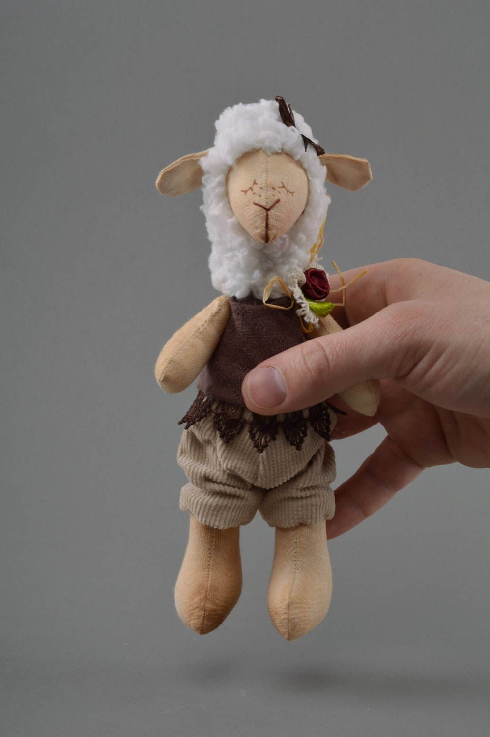 Designer handmade soft toy lamb with rose cotton stuffed toy nursery decor photo 3