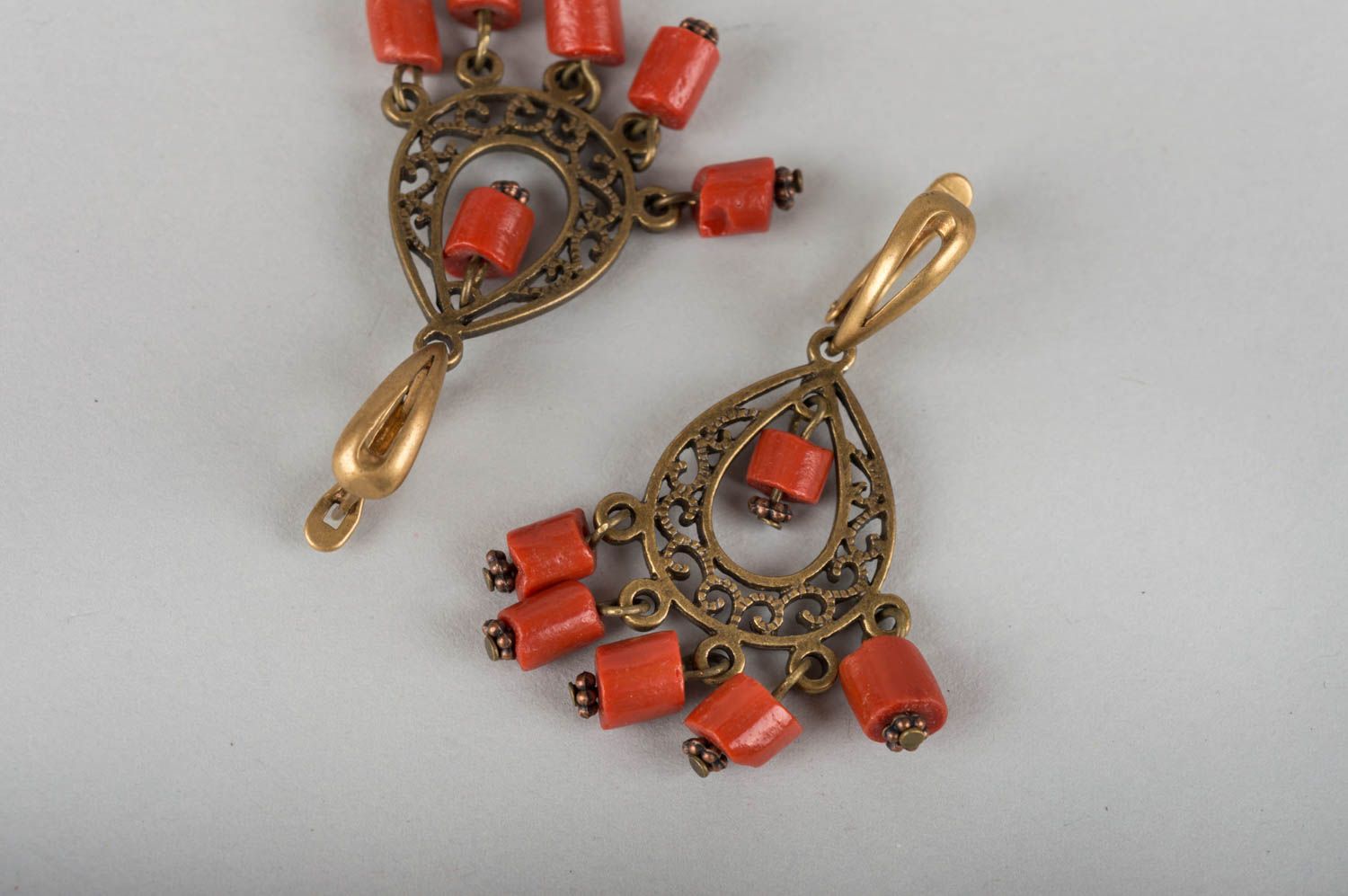 Handmade cute earrings made of natural stone coral with brass fittings photo 5