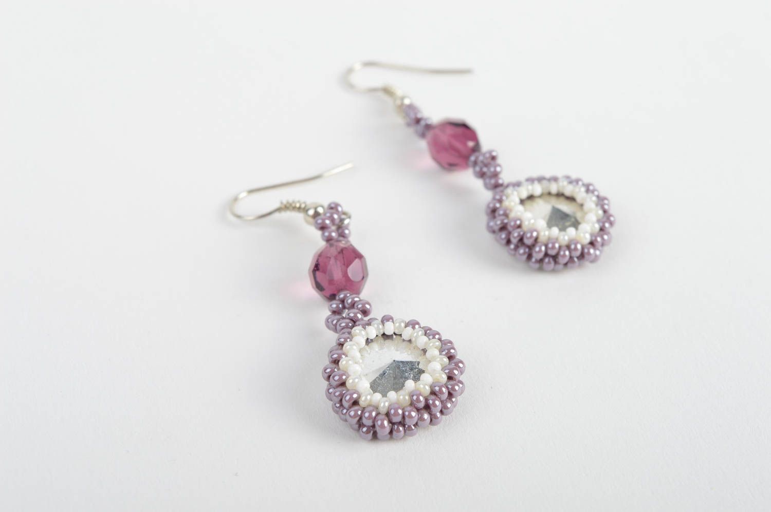 Tender violet dangle earrings with Czech and plastic beads and crystals handmade photo 3