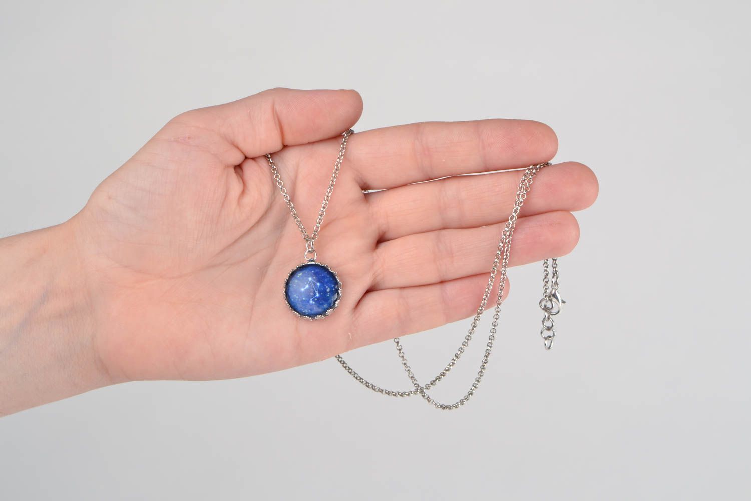 Handmade small round glass pendant on long metal chain with Libra Zodiac sign photo 2