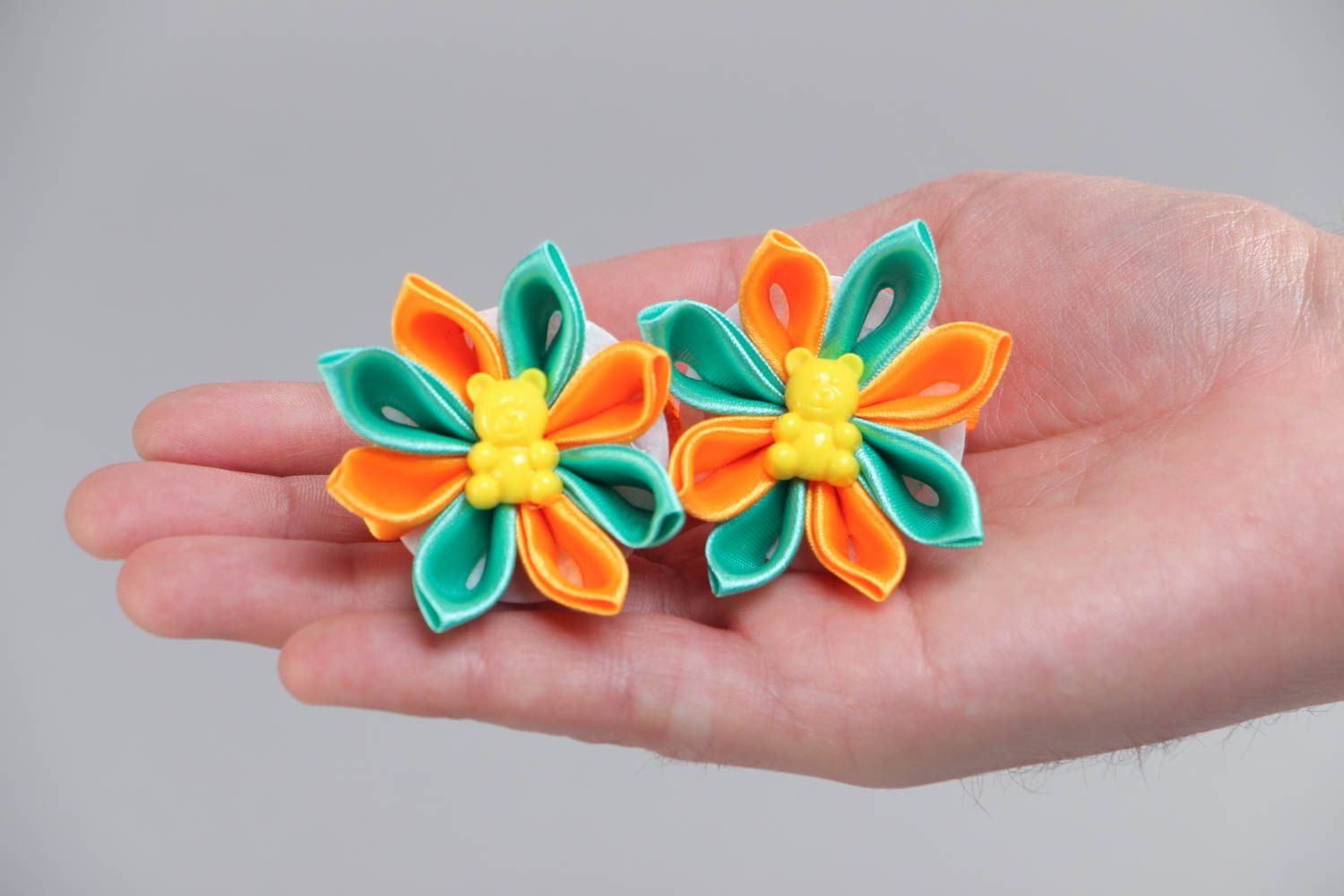 Set of 2 handmade decorative hair ties with orange and green satin ribbon flowers photo 5