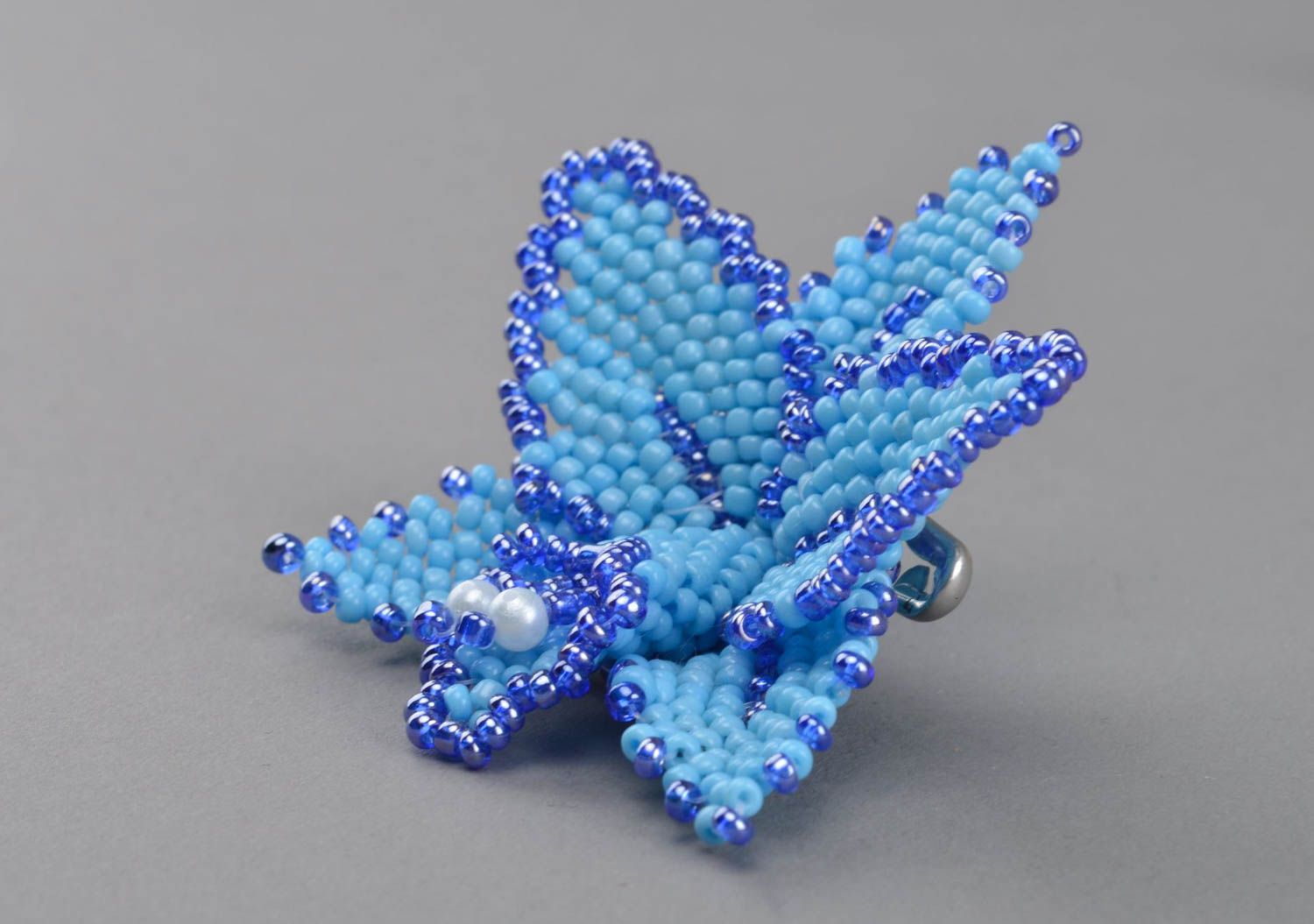 Unique beautiful handmade beaded brooch created in form of light blue flower photo 3