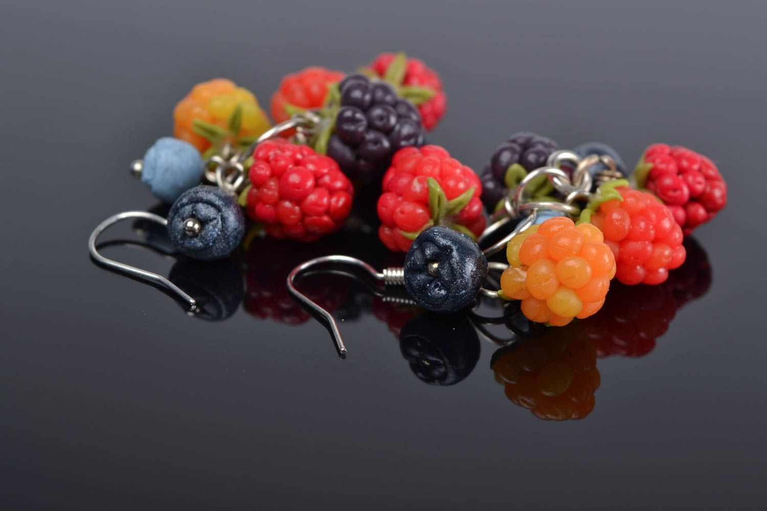 Large handmade designer polymer clay earrings in the shape of berries photo 1