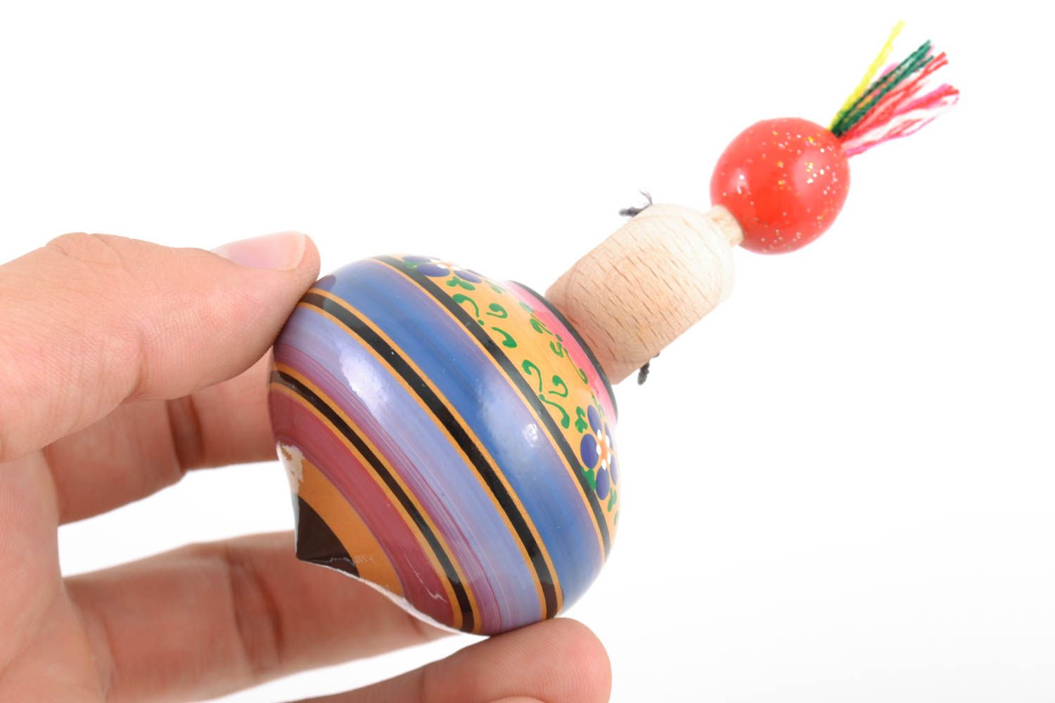 Unusual homemade eco painted wooden toy spinning top with ring and string photo 2