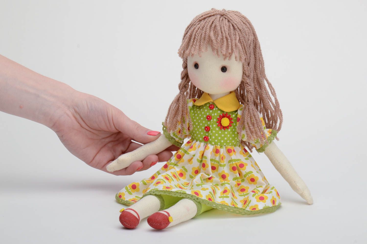 Handmade designer soft doll sewn of cotton fabric girl in floral dress photo 5