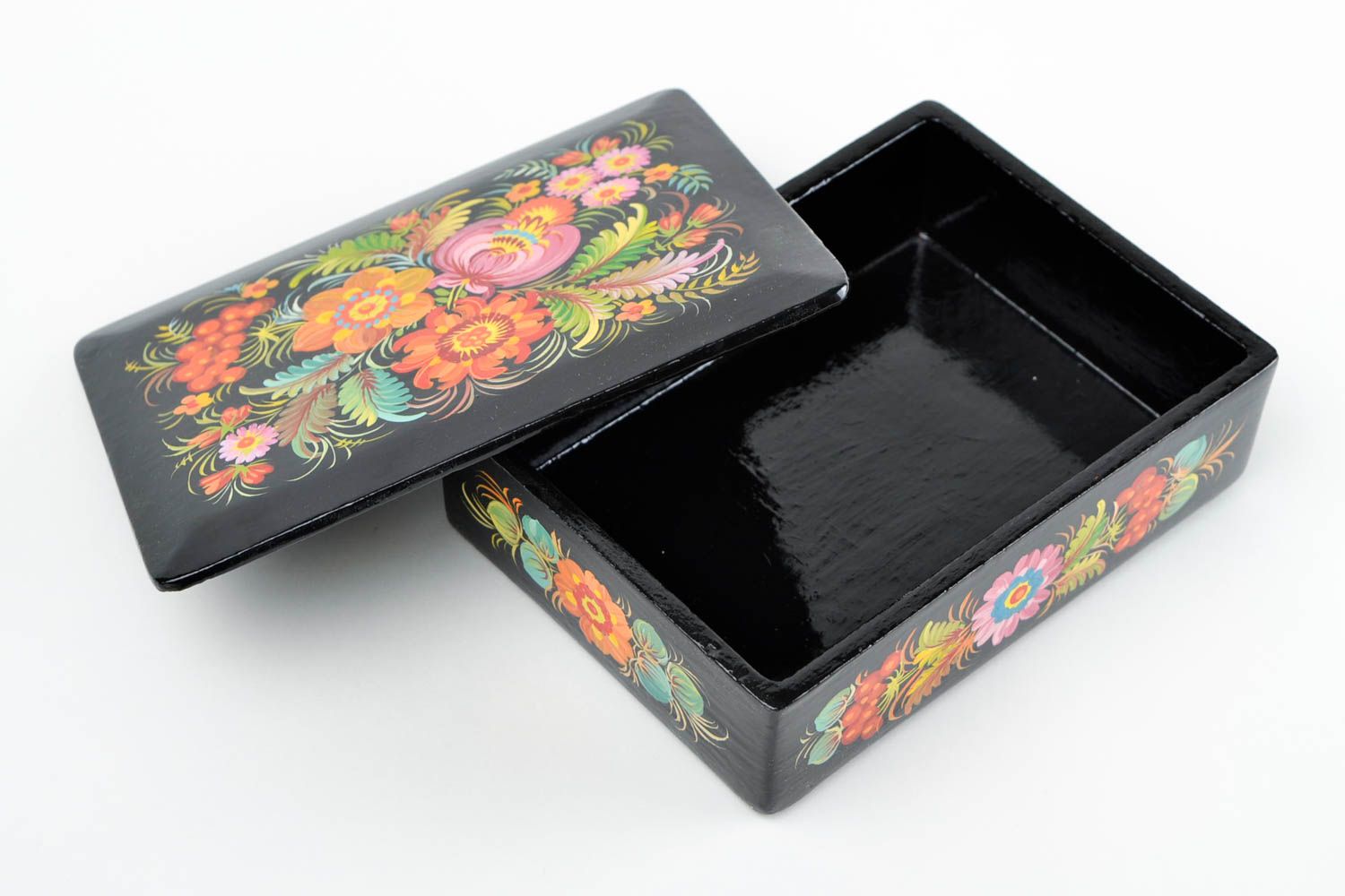 Boîte à bijoux fait main Boîte en bois peinte noire motifs Déco maison photo 3