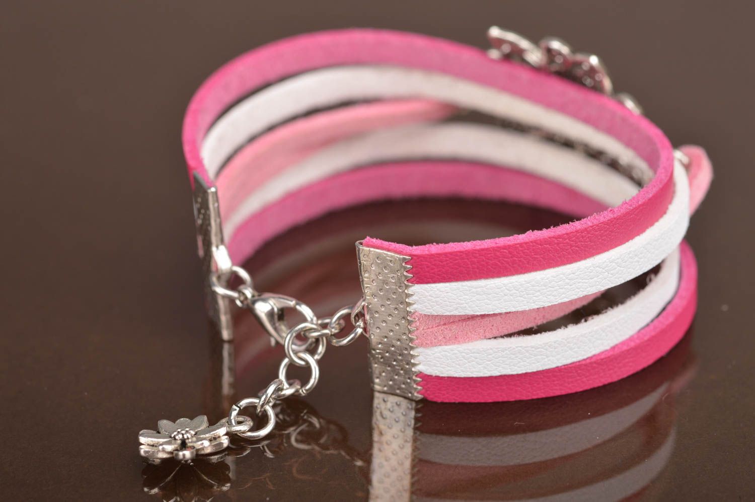 Handmade designer genuine leather wrist bracelet white pink with metal flower photo 4