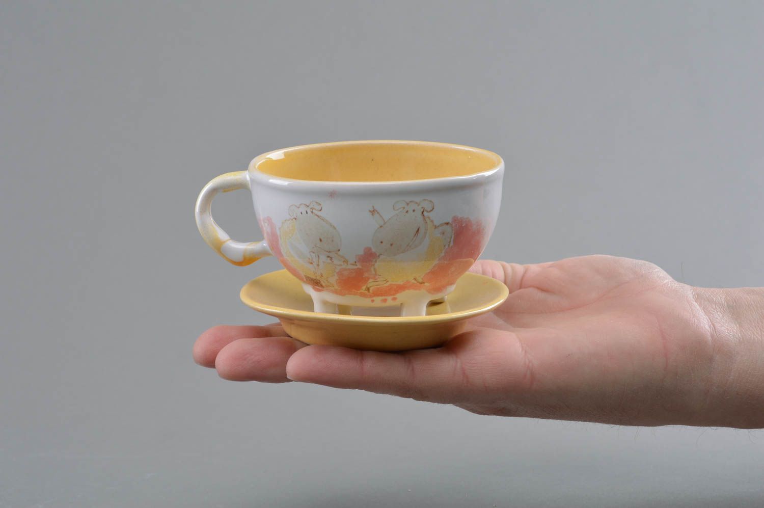 Tasse et soucoupe en porcelaine peintes de glaçure faites main originales Brebis photo 4