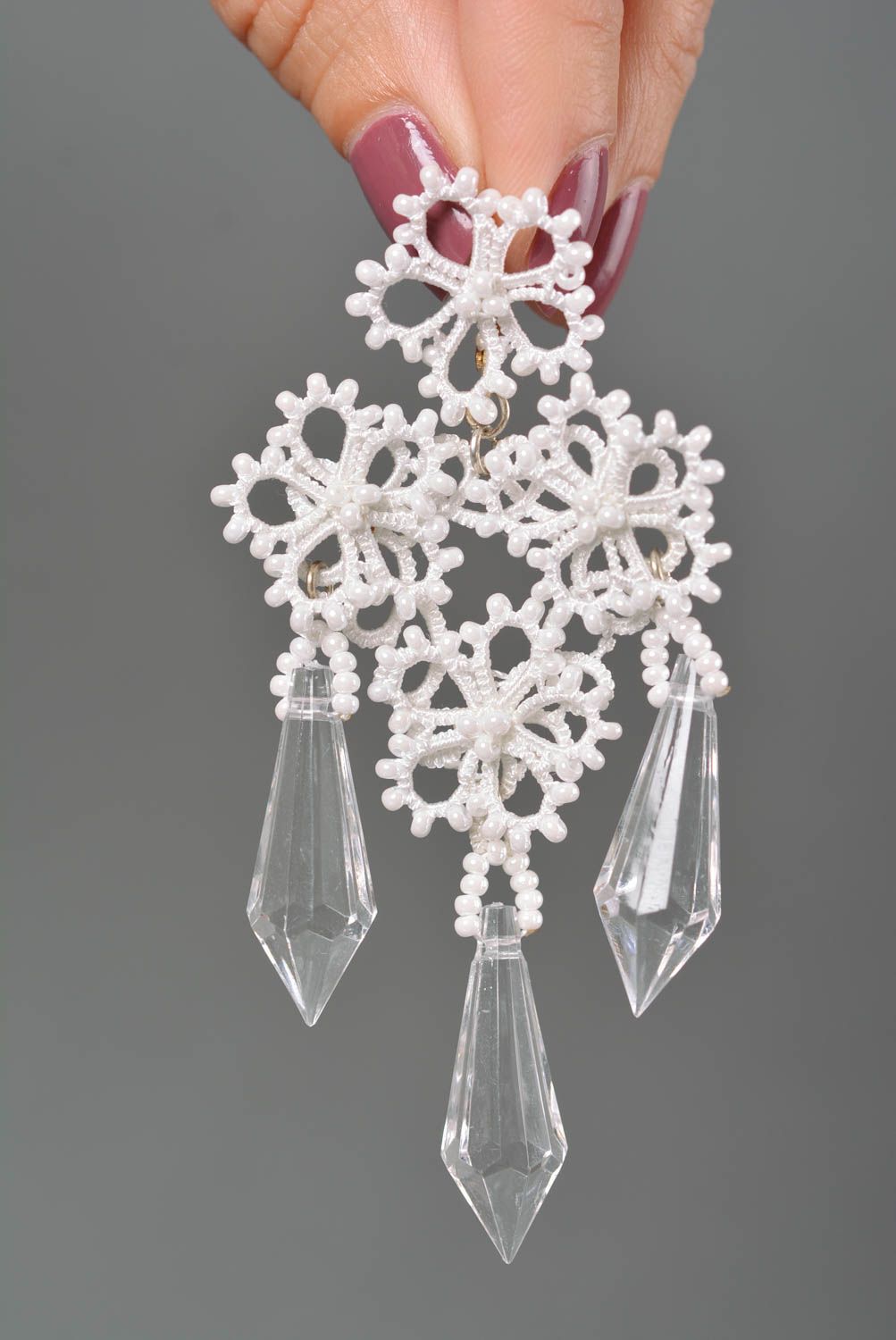 Dangling earrings handmade jewellery designer accessories tatting lace gift idea photo 3