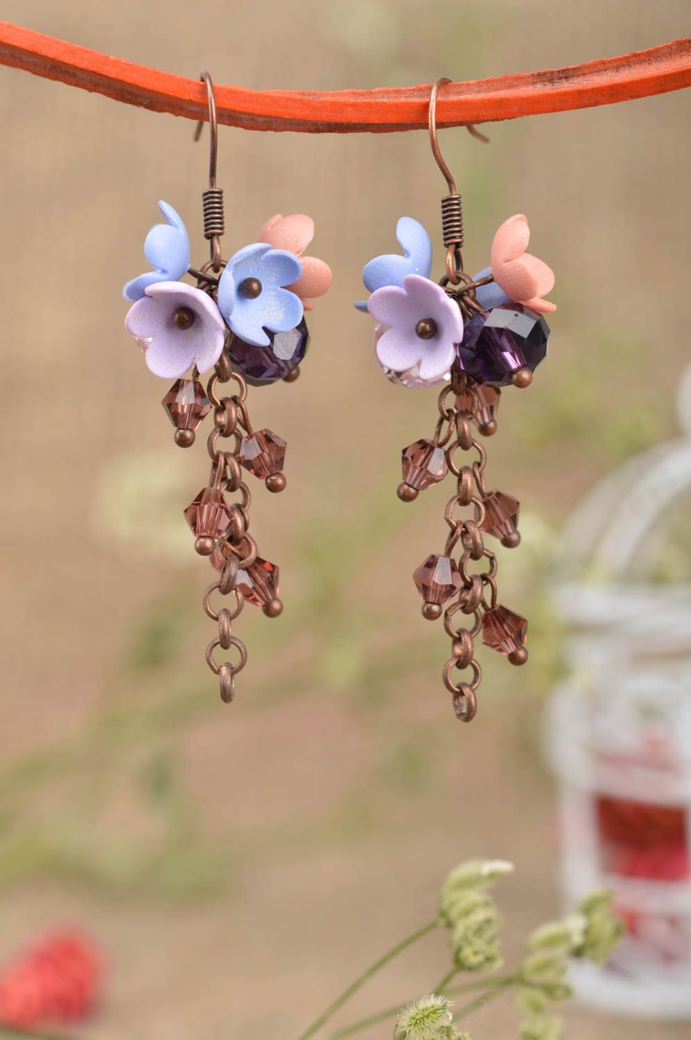 Stylish handmade long polymer clay earrings plastic flower earrings gift ideas photo 1