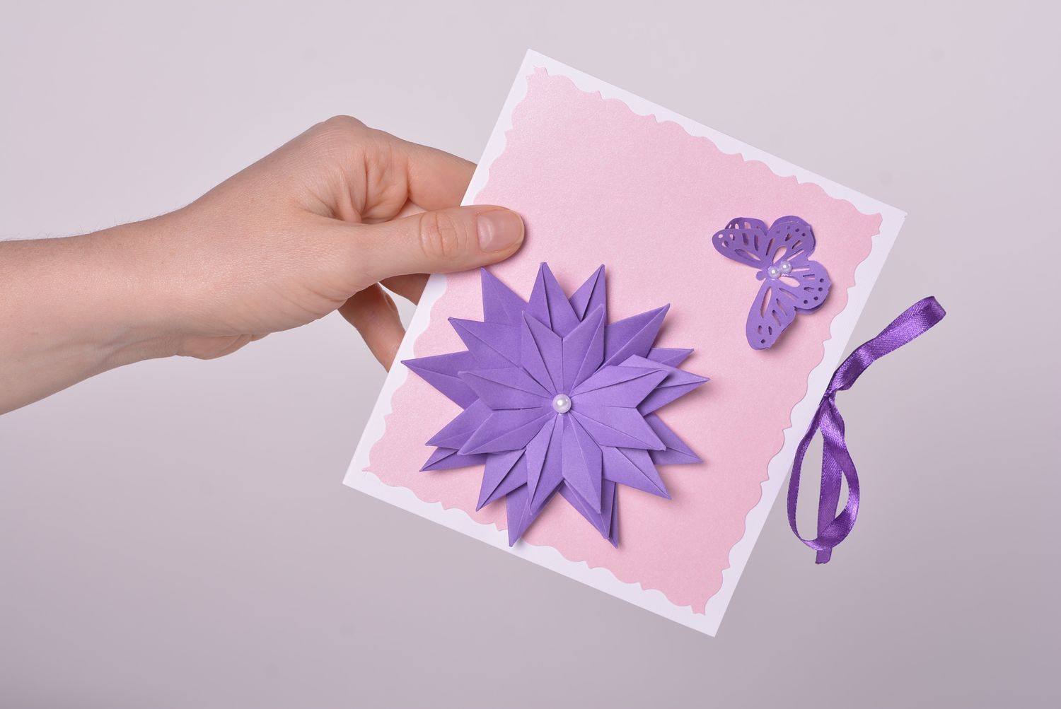 Carte de voeux fleur violette papillon faite main scrapbooking Petit cadeau photo 4