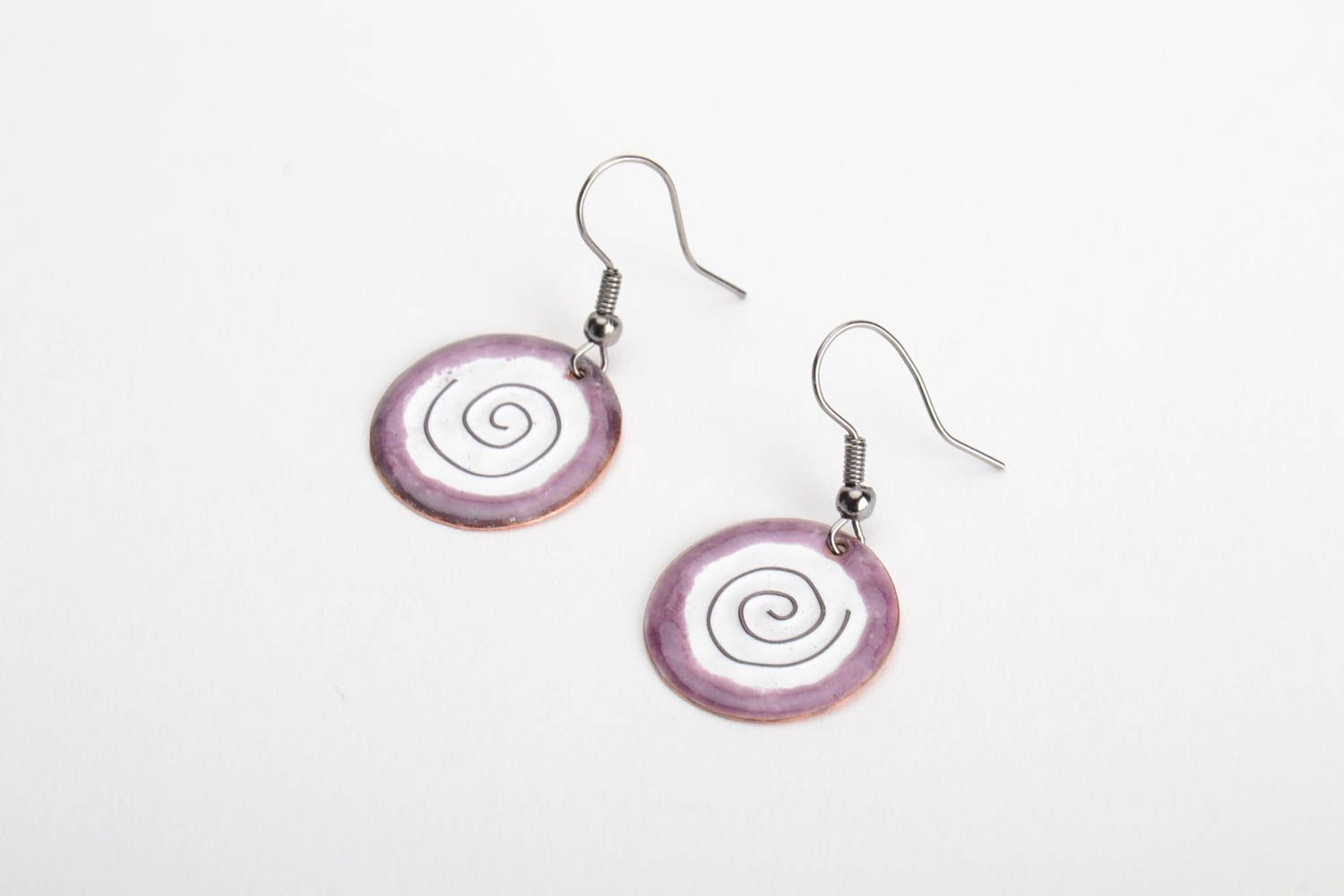 Handmade copper earrings with hot enamel painting purple and white  photo 2