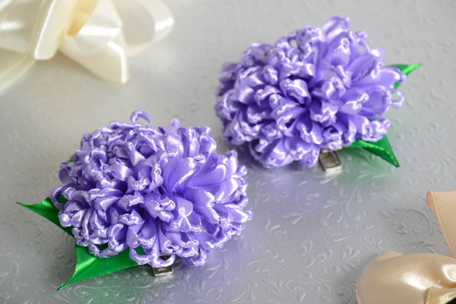 Flower hair accessories set handmade textile barrette ribbon hair clips 2 pieces photo 1