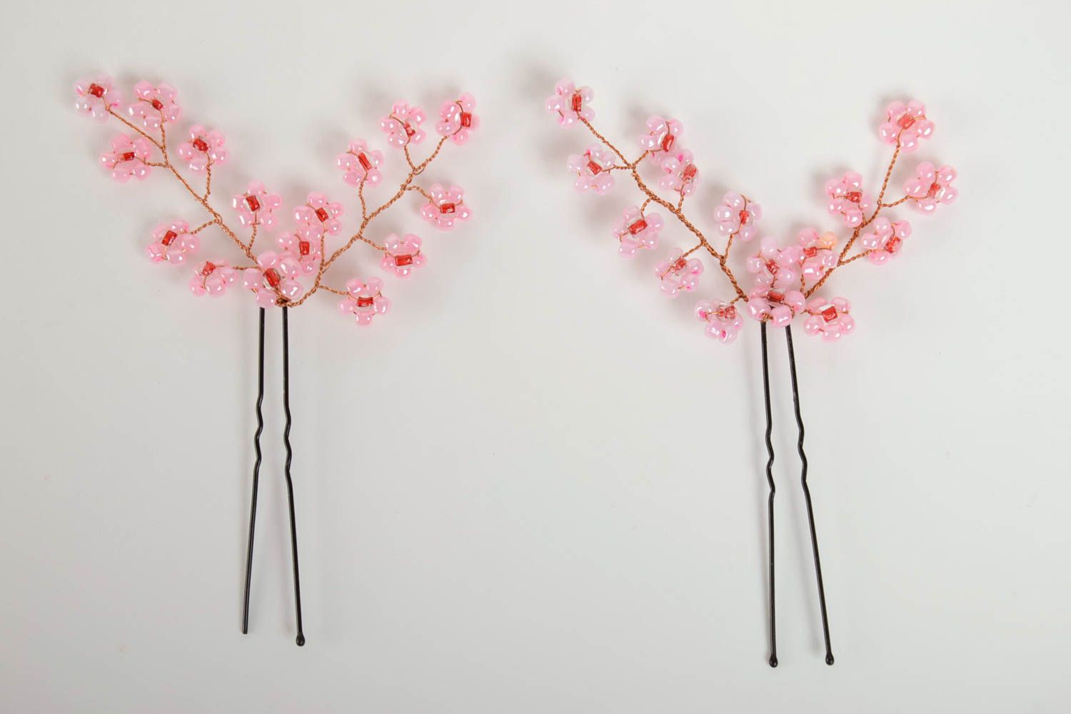 Set of 2 handmade decorative metal hair pins with flowers made of wire and beads photo 2