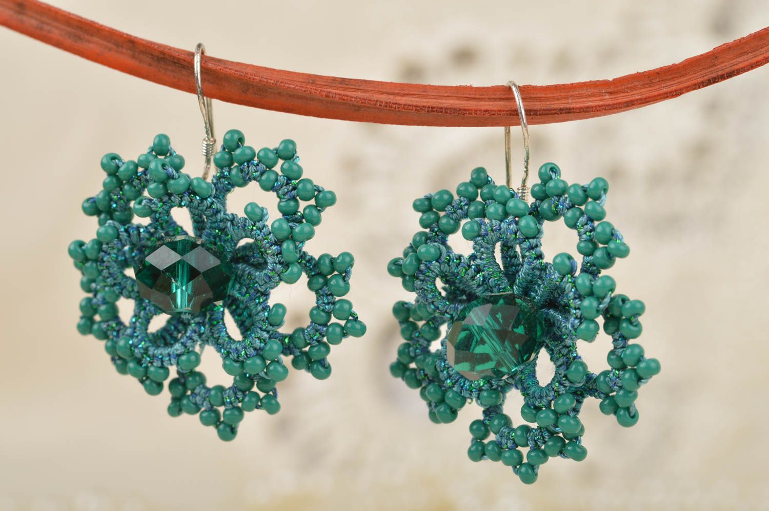 Beautiful green handmade designer tatted earrings with Czech beads Flower photo 3