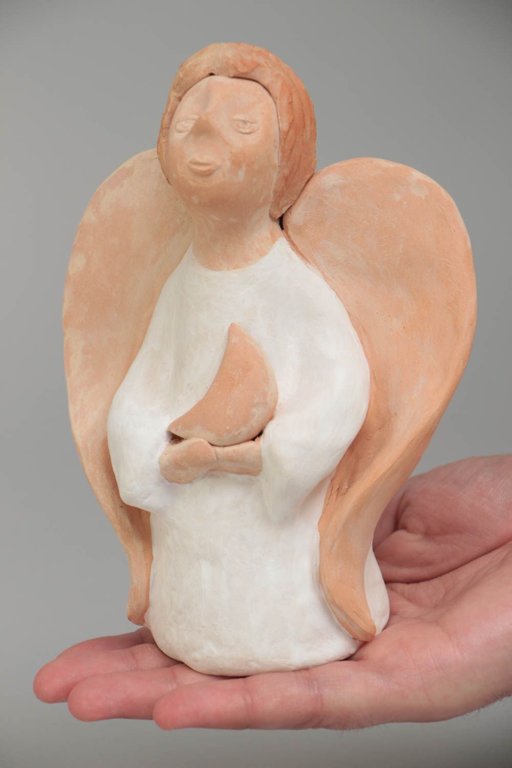 Clay figurine of angel with crescent in light shades small  handmade statuette photo 5