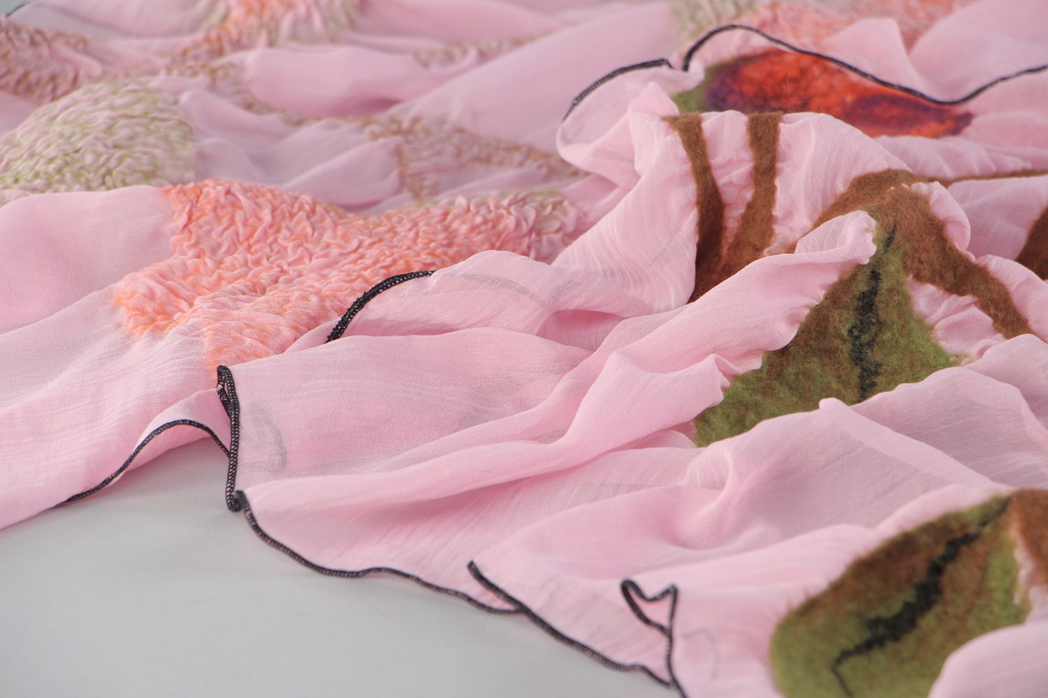 Handmade thin silk chiffon scarf with felted elements of pink color for women photo 2